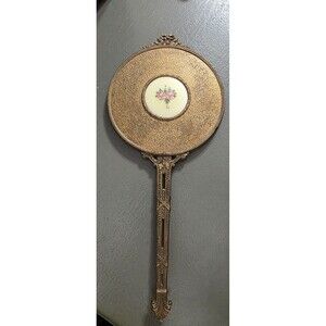 Antique Apollo Studios Gilt Ormolu Filigree Boudoir Hand Mirror w Pink Roses